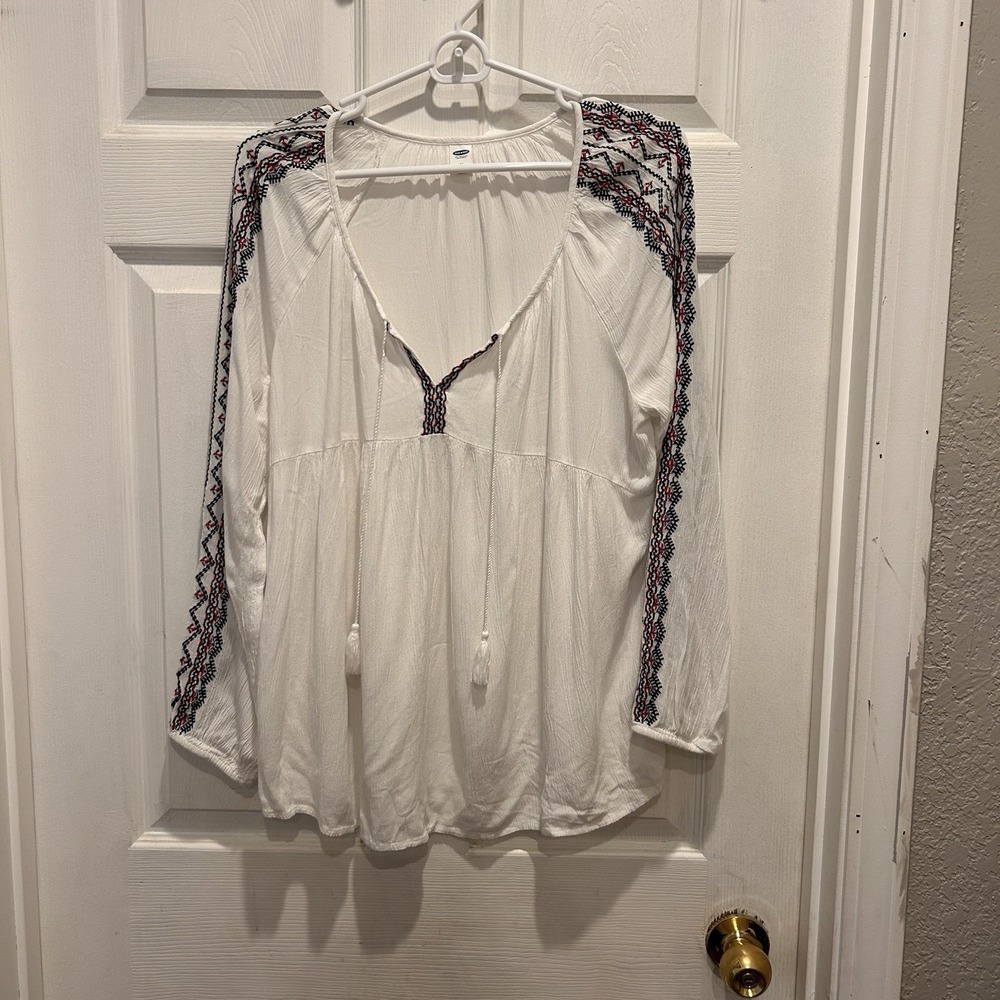 Old Navy Womens White Embroidered Tassel V-Neck Gauze Peasant Blouse Top Medium